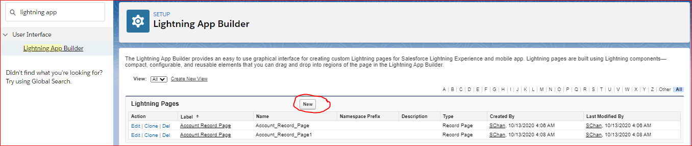 Click on New Button to create New Lightning App
